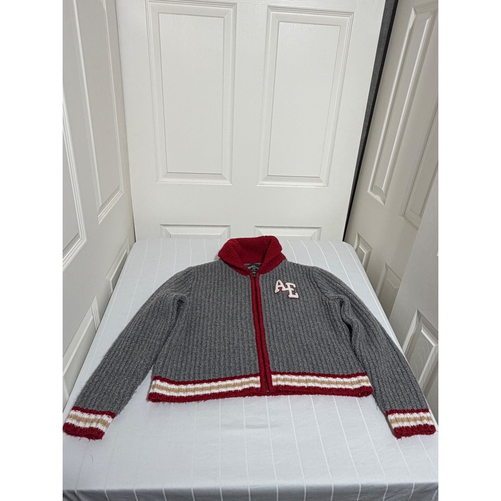 American Eagle Varsity Zip Up Cardigan Sweater Gray Red Striped women's Medium